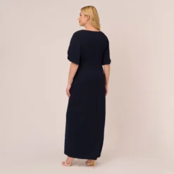 Adrianna Papell Plus Size Crepe Mermaid Gown With Pearl Trim Short Sleeves In Midnight -Glam Mirth Sales AP1E210355 AB411 Plus Back