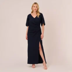 Adrianna Papell Plus Size Crepe Mermaid Gown With Pearl Trim Short Sleeves In Midnight