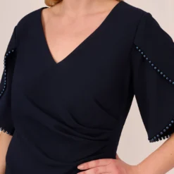 Adrianna Papell Plus Size Crepe Mermaid Gown With Pearl Trim Short Sleeves In Midnight -Glam Mirth Sales AP1E210355 AB411 Plus Detail