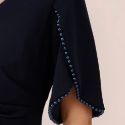 Adrianna Papell Plus Size Crepe Mermaid Gown With Pearl Trim Short Sleeves In Midnight -Glam Mirth Sales AP1E210355 AB411 Plus Lifestyle