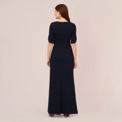 Adrianna Papell Crepe Mermaid Gown With Pearl Trim Short Sleeves In Midnight 9 Adrianna Papell Crepe Mermaid Gown With Pearl Trim Short Sleeves In Midnight -Glam Mirth Sales AP1E210355 AB411 Regular Back