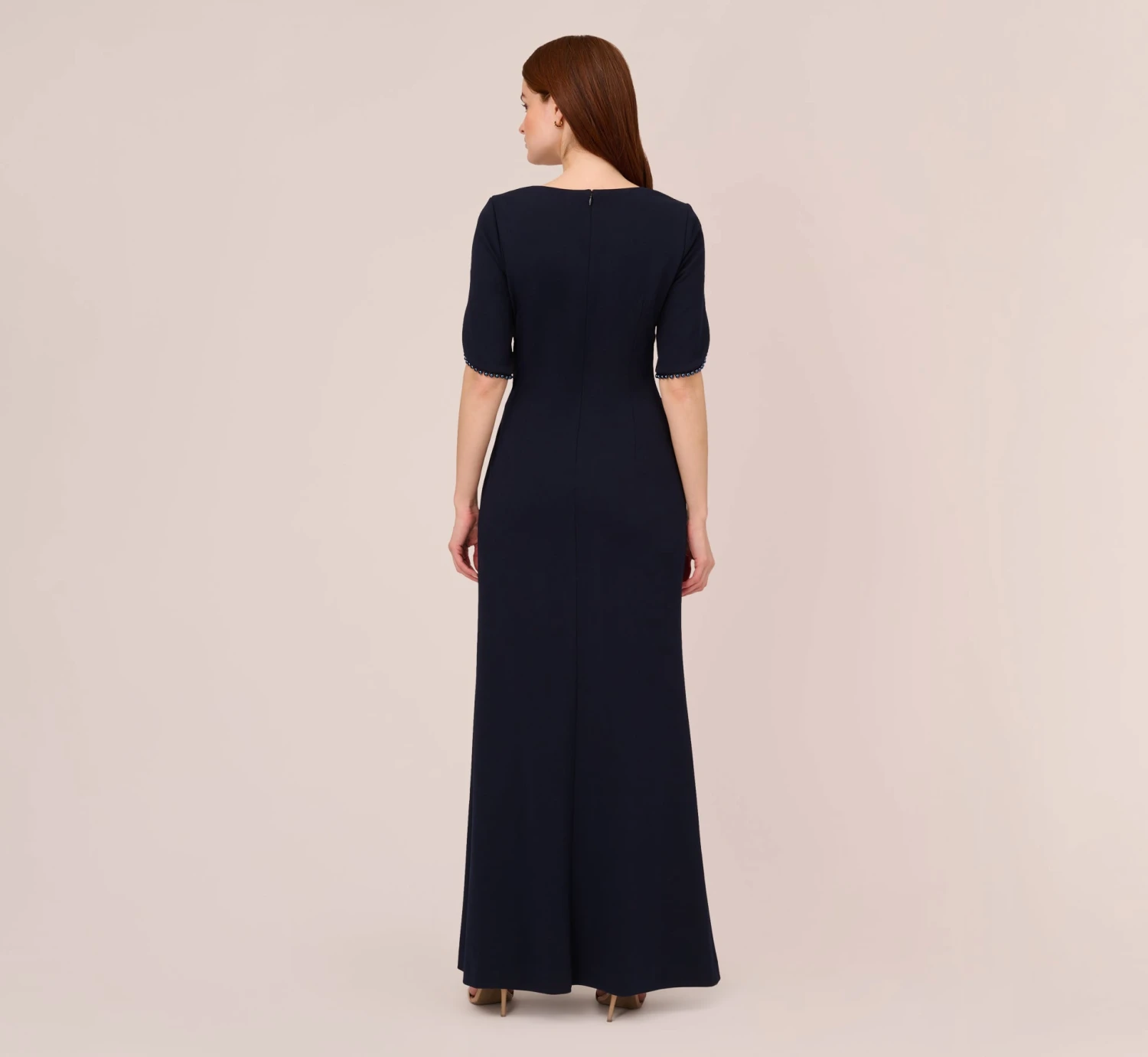 Adrianna Papell Crepe Mermaid Gown With Pearl Trim Short Sleeves In Midnight 4 Adrianna Papell Crepe Mermaid Gown With Pearl Trim Short Sleeves In Midnight - Image 4