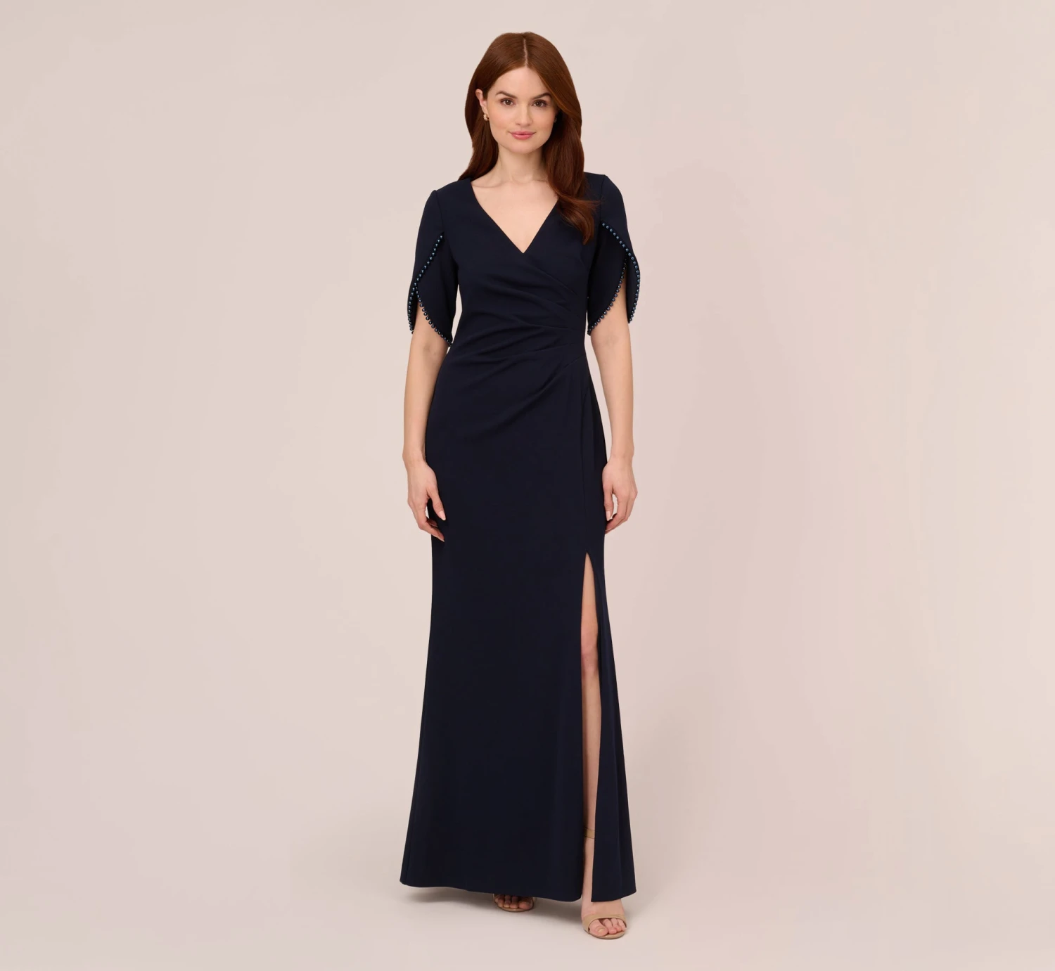 Adrianna Papell Crepe Mermaid Gown With Pearl Trim Short Sleeves In Midnight 2 Adrianna Papell Crepe Mermaid Gown With Pearl Trim Short Sleeves In Midnight - Image 2
