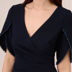 Adrianna Papell Crepe Mermaid Gown With Pearl Trim Short Sleeves In Midnight 8 Adrianna Papell Crepe Mermaid Gown With Pearl Trim Short Sleeves In Midnight -Glam Mirth Sales AP1E210355 AB411 Regular Detail