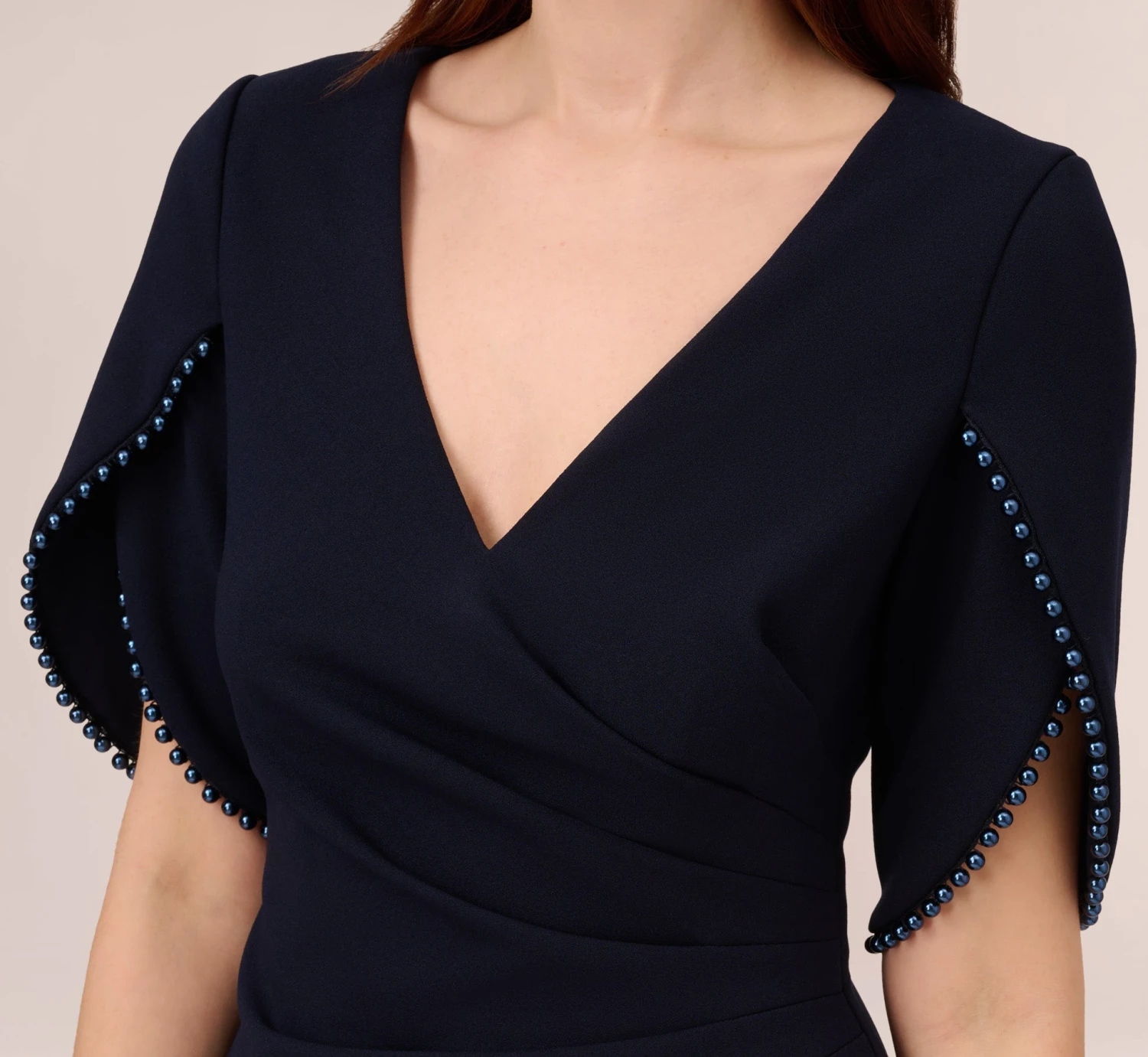 Adrianna Papell Crepe Mermaid Gown With Pearl Trim Short Sleeves In Midnight 3 Adrianna Papell Crepe Mermaid Gown With Pearl Trim Short Sleeves In Midnight - Image 3