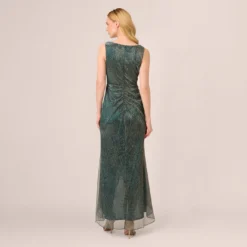 Adrianna Papell Metallic Mesh Faux Wrap Gown With Ruffle Accents In Evergreen -Glam Mirth Sales AP1E210373 AC303 Regular Back