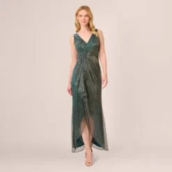 Adrianna Papell Metallic Mesh Faux Wrap Gown With Ruffle Accents In Evergreen