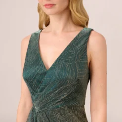 Adrianna Papell Metallic Mesh Faux Wrap Gown With Ruffle Accents In Evergreen -Glam Mirth Sales AP1E210373 AC303 Regular Detail