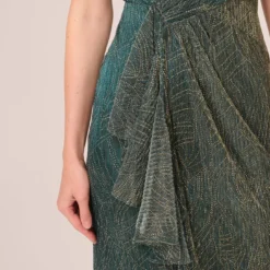 Adrianna Papell Metallic Mesh Faux Wrap Gown With Ruffle Accents In Evergreen -Glam Mirth Sales AP1E210373 AC303 Regular Lifestyle
