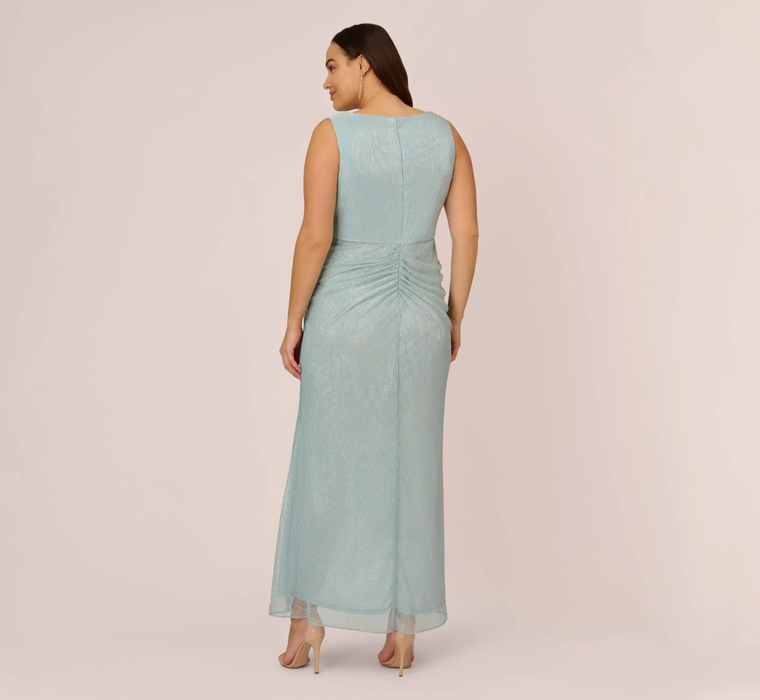 Adrianna Papell Plus Size Metallic Mesh Faux Wrap Gown With Ruffle Accents In Mint Smoke 4 Adrianna Papell Plus Size Metallic Mesh Faux Wrap Gown With Ruffle Accents In Mint Smoke - Image 4