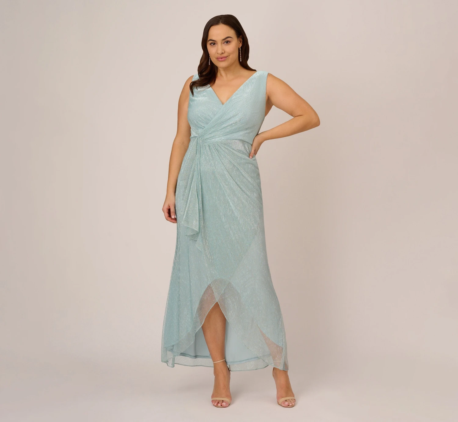 Adrianna Papell Plus Size Metallic Mesh Faux Wrap Gown With Ruffle Accents In Mint Smoke 7 Adrianna Papell Plus Size Metallic Mesh Faux Wrap Gown With Ruffle Accents In Mint Smoke - Image 7