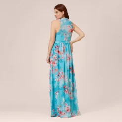 Adrianna Papell Floral-Print Chiffon Tie Neck Halter Long Fit-And-Flare Gown In Aqua Multi -Glam Mirth Sales AP1E210390 BZ980 Regular Back