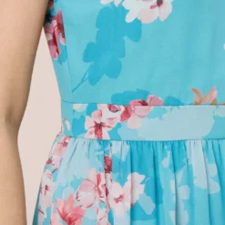 Adrianna Papell Floral-Print Chiffon Tie Neck Halter Long Fit-And-Flare Gown In Aqua Multi -Glam Mirth Sales AP1E210390 BZ980 Regular Detail