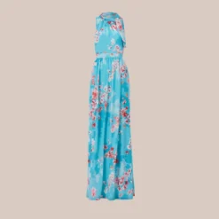 Adrianna Papell Floral-Print Chiffon Tie Neck Halter Long Fit-And-Flare Gown In Aqua Multi -Glam Mirth Sales AP1E210390 BZ980 Regular Flat