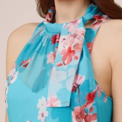 Adrianna Papell Floral-Print Chiffon Tie Neck Halter Long Fit-And-Flare Gown In Aqua Multi -Glam Mirth Sales AP1E210390 BZ980 Regular Side