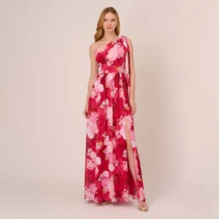 Adrianna Papell Floral Print One Shoulder Chiffon Long Gown In Pink Multi