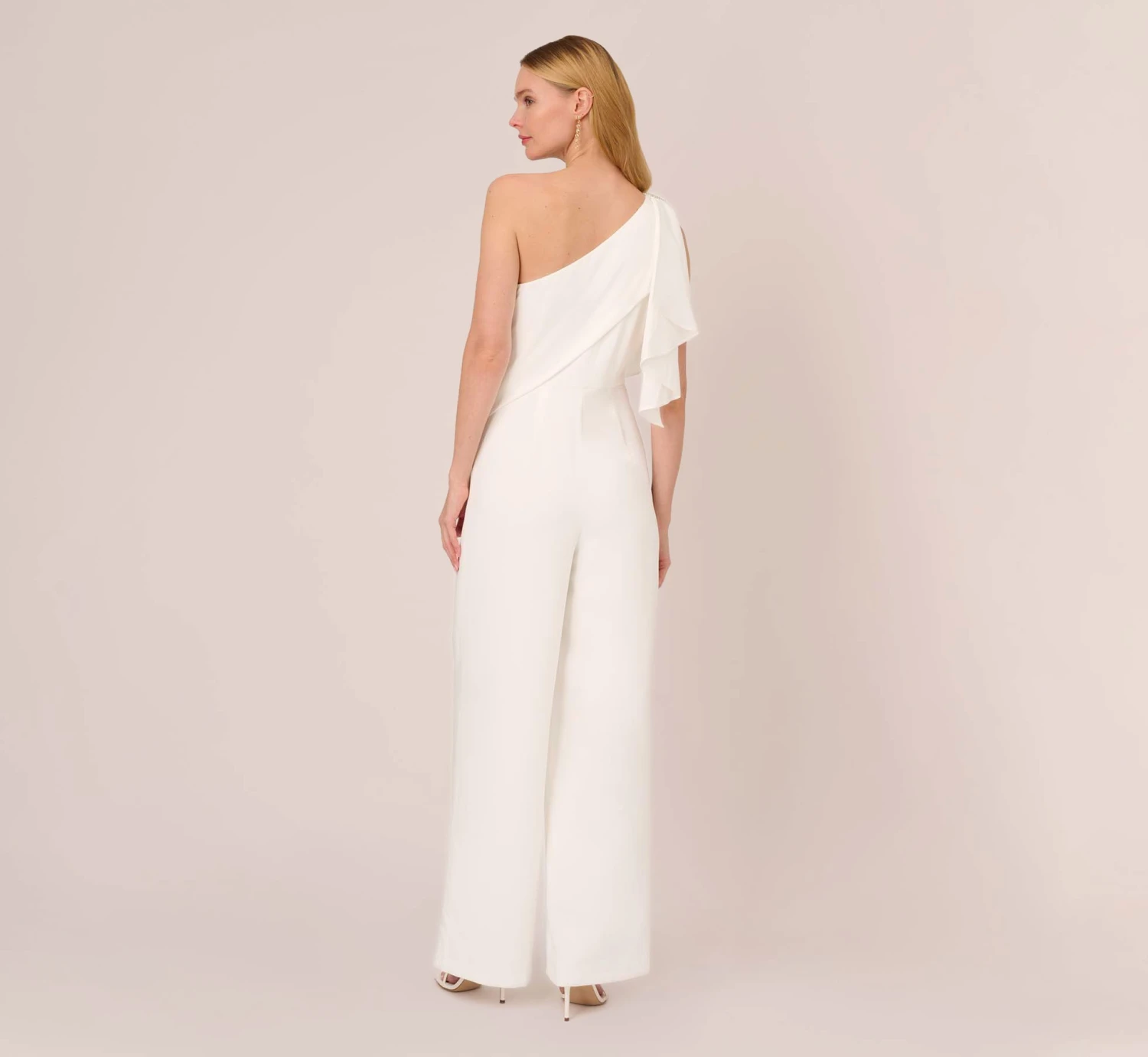 Adrianna Papell Satin Crepe Draped One Shoulder Wide Leg Jumpsuit In Ivory 4 Adrianna Papell Satin Crepe Draped One Shoulder Wide Leg Jumpsuit In Ivory - Image 4