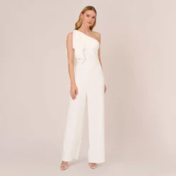 Adrianna Papell Satin Crepe Draped One Shoulder Wide Leg Jumpsuit In Ivory