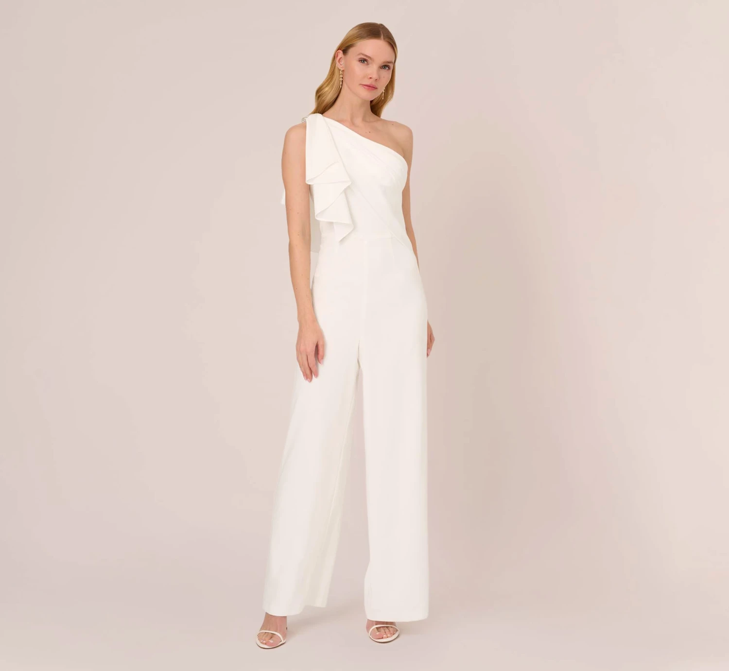 Adrianna Papell Satin Crepe Draped One Shoulder Wide Leg Jumpsuit In Ivory 1 Adrianna Papell Satin Crepe Draped One Shoulder Wide Leg Jumpsuit In Ivory