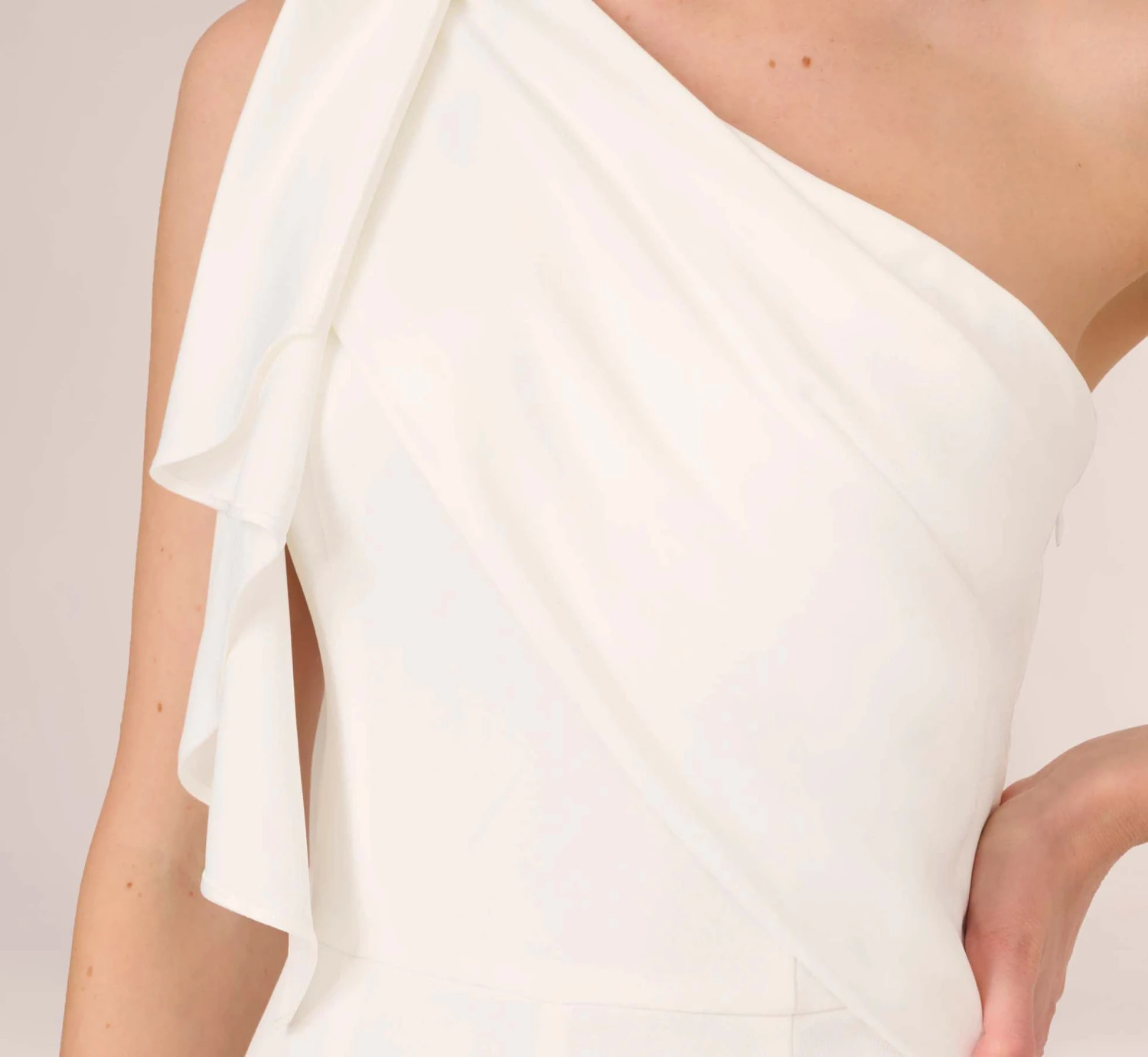 Adrianna Papell Satin Crepe Draped One Shoulder Wide Leg Jumpsuit In Ivory 5 Adrianna Papell Satin Crepe Draped One Shoulder Wide Leg Jumpsuit In Ivory - Image 5