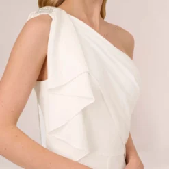 Adrianna Papell Satin Crepe Draped One Shoulder Wide Leg Jumpsuit In Ivory 9 Adrianna Papell Satin Crepe Draped One Shoulder Wide Leg Jumpsuit In Ivory -Glam Mirth Sales AP1E210417 AA194 Regular Lifestyle