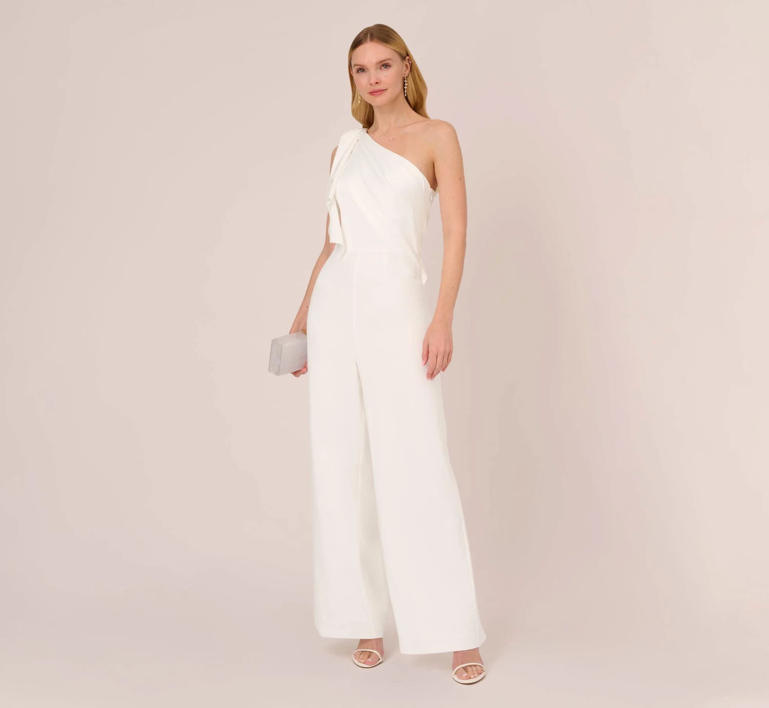 Adrianna Papell Satin Crepe Draped One Shoulder Wide Leg Jumpsuit In Ivory 2 Adrianna Papell Satin Crepe Draped One Shoulder Wide Leg Jumpsuit In Ivory - Image 2