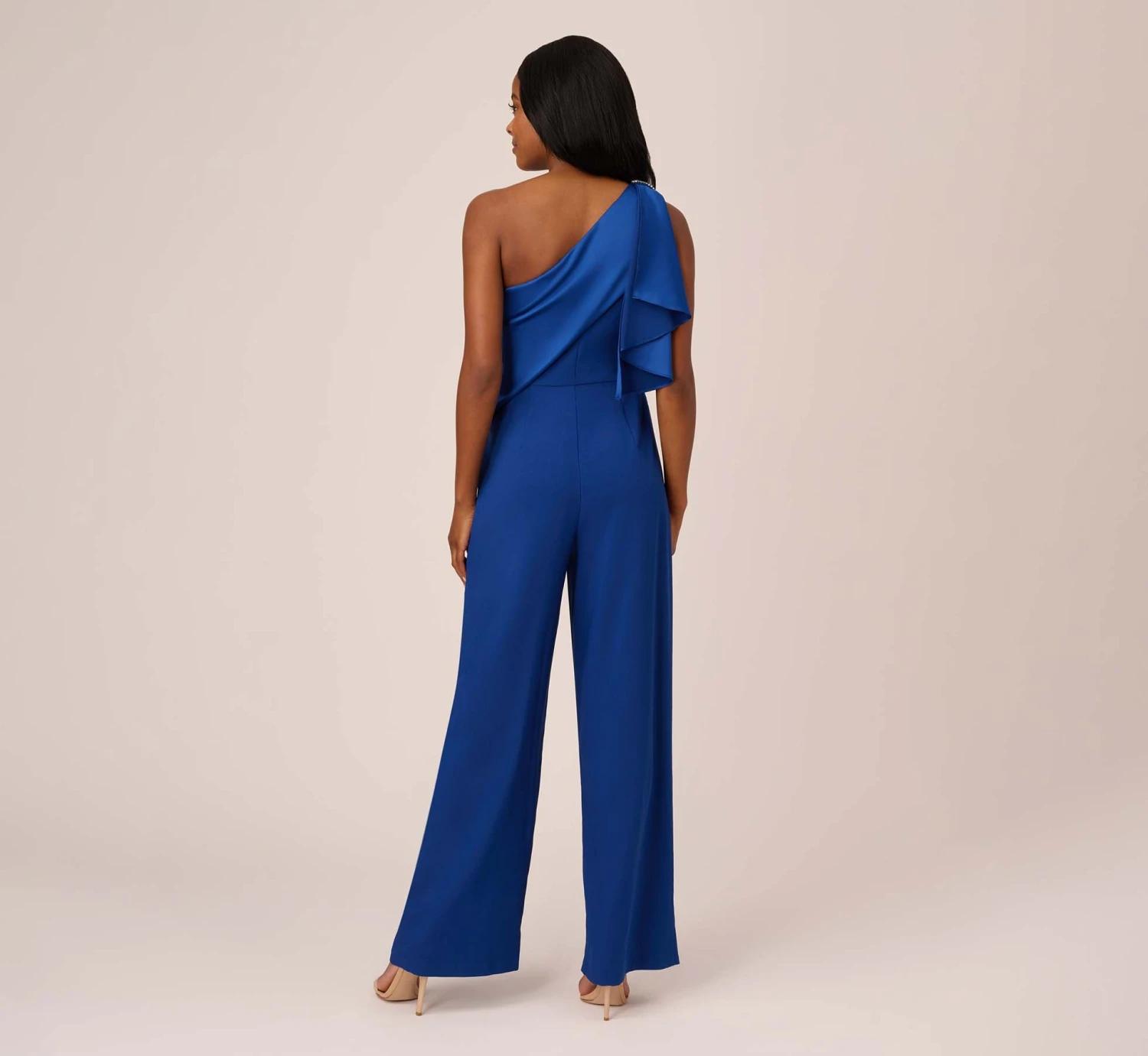 Adrianna Papell Satin Crepe Draped One Shoulder Wide Leg Jumpsuit In Rich Royal 4 Adrianna Papell Satin Crepe Draped One Shoulder Wide Leg Jumpsuit In Rich Royal - Image 4
