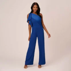 Adrianna Papell Satin Crepe Draped One Shoulder Wide Leg Jumpsuit In Rich Royal