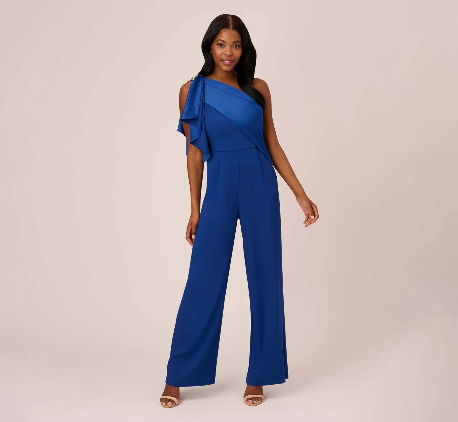 Adrianna Papell Satin Crepe Draped One Shoulder Wide Leg Jumpsuit In Rich Royal 1 Adrianna Papell Satin Crepe Draped One Shoulder Wide Leg Jumpsuit In Rich Royal