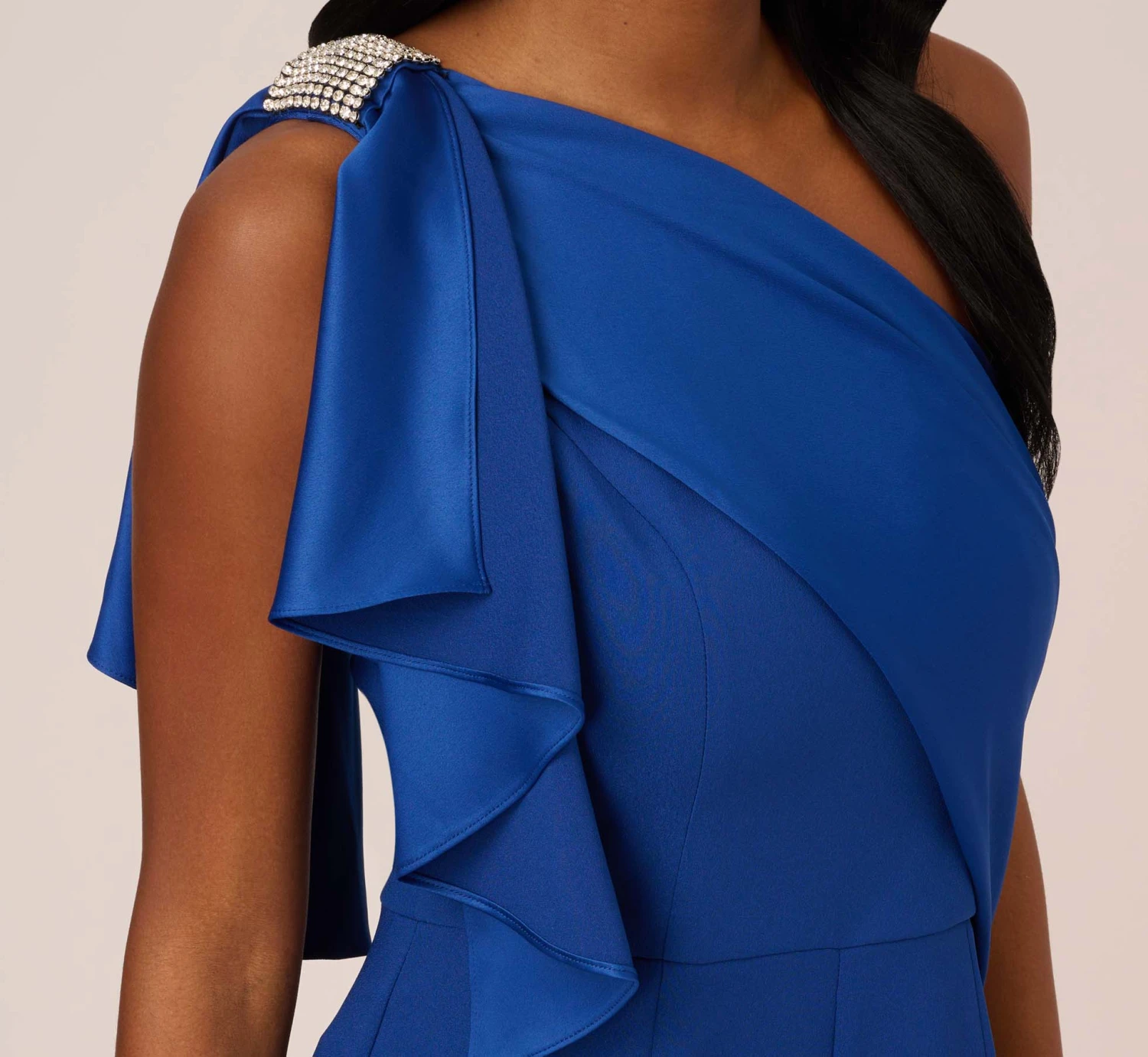 Adrianna Papell Satin Crepe Draped One Shoulder Wide Leg Jumpsuit In Rich Royal 5 Adrianna Papell Satin Crepe Draped One Shoulder Wide Leg Jumpsuit In Rich Royal - Image 5