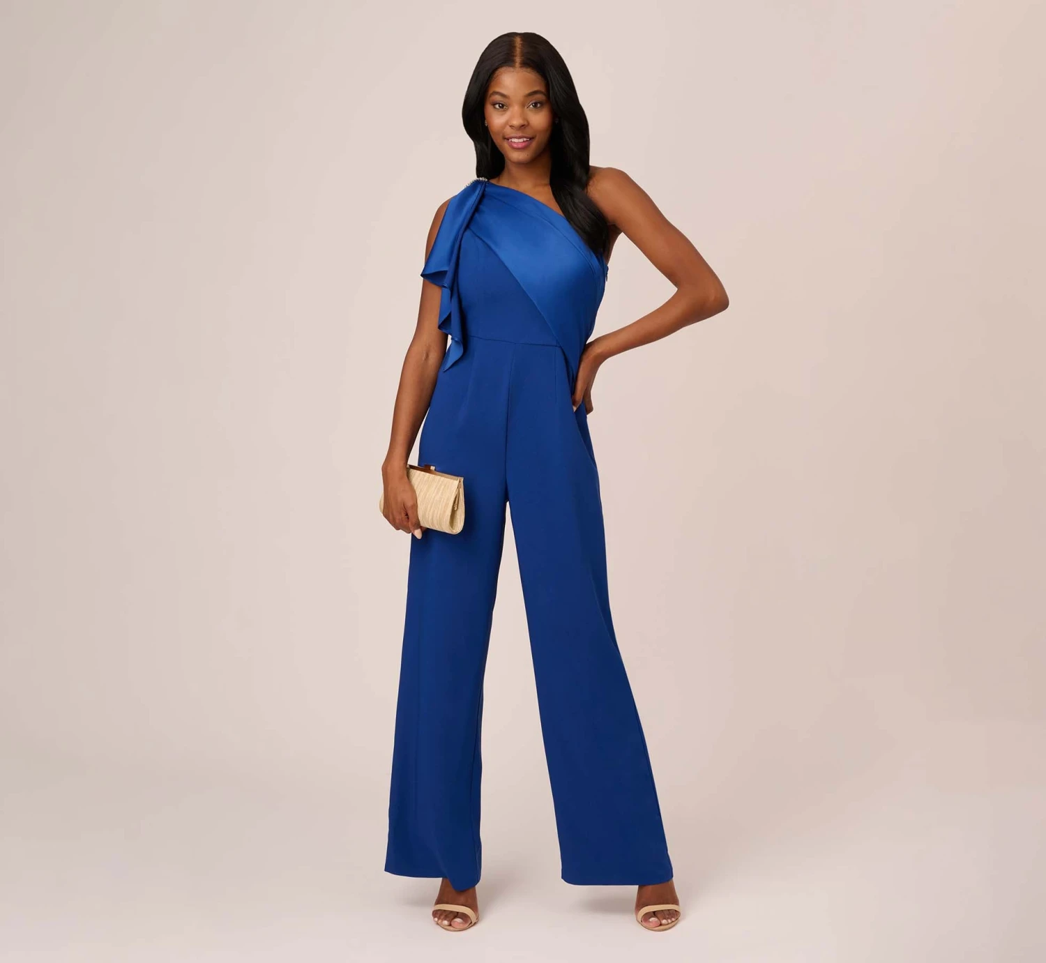 Adrianna Papell Satin Crepe Draped One Shoulder Wide Leg Jumpsuit In Rich Royal 2 Adrianna Papell Satin Crepe Draped One Shoulder Wide Leg Jumpsuit In Rich Royal - Image 2
