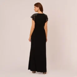 Adrianna Papell Flutter Sleeve Mermaid Gown With Beaded Details In Black 9 Adrianna Papell Flutter Sleeve Mermaid Gown With Beaded Details In Black -Glam Mirth Sales AP1E210420 AA002 Regular Back