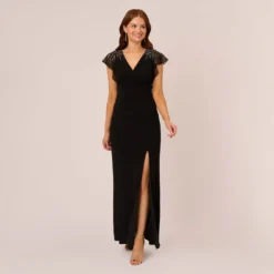 Adrianna Papell Flutter Sleeve Mermaid Gown With Beaded Details In Black