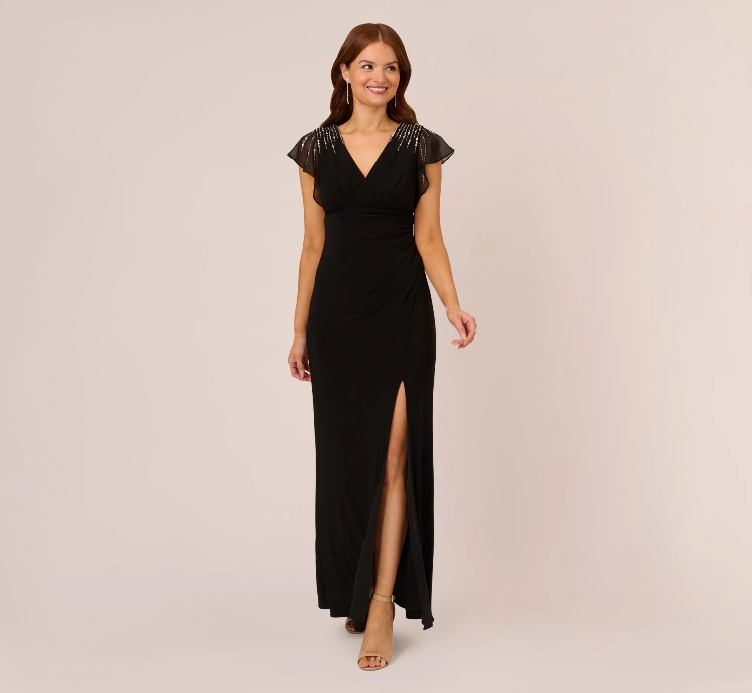 Adrianna Papell Flutter Sleeve Mermaid Gown With Beaded Details In Black 1 Adrianna Papell Flutter Sleeve Mermaid Gown With Beaded Details In Black