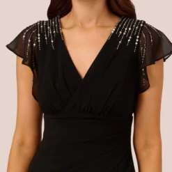 Adrianna Papell Flutter Sleeve Mermaid Gown With Beaded Details In Black 8 Adrianna Papell Flutter Sleeve Mermaid Gown With Beaded Details In Black -Glam Mirth Sales AP1E210420 AA002 Regular Detail