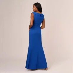 Adrianna Papell Stretch Knit Crepe Long Faux Wrap Mermaid Gown In Rich Royal 10 Adrianna Papell Stretch Knit Crepe Long Faux Wrap Mermaid Gown In Rich Royal -Glam Mirth Sales AP1E210421 AI402 Regular Back