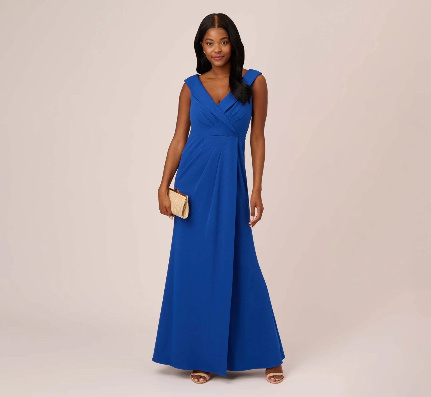 Adrianna Papell Stretch Knit Crepe Long Faux Wrap Mermaid Gown In Rich Royal 1 Adrianna Papell Stretch Knit Crepe Long Faux Wrap Mermaid Gown In Rich Royal