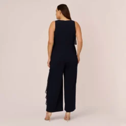 Adrianna Papell Plus Size Chiffon And Crepe Wide Leg Jumpsuit In Midnight 8 Adrianna Papell Plus Size Chiffon And Crepe Wide Leg Jumpsuit In Midnight -Glam Mirth Sales AP1E210423 AB411 Plus Back