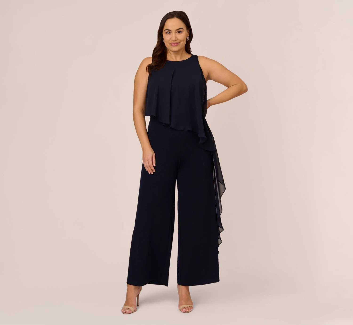 Adrianna Papell Plus Size Chiffon And Crepe Wide Leg Jumpsuit In Midnight 1 Adrianna Papell Plus Size Chiffon And Crepe Wide Leg Jumpsuit In Midnight