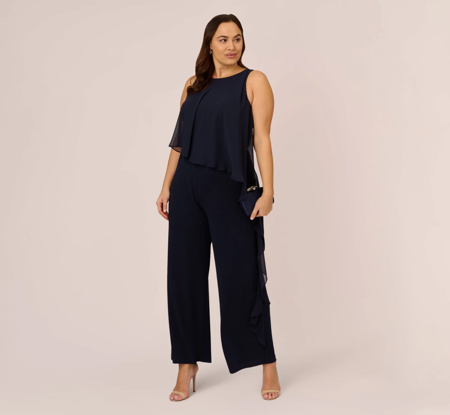 Adrianna Papell Plus Size Chiffon And Crepe Wide Leg Jumpsuit In Midnight 2 Adrianna Papell Plus Size Chiffon And Crepe Wide Leg Jumpsuit In Midnight - Image 2