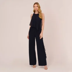 Adrianna Papell Chiffon And Crepe Wide Leg Jumpsuit In Midnight