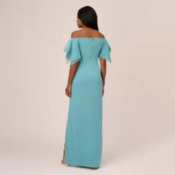 Adrianna Papell Knit Crepe And Organza Off The Shoulder Long Column Gown With Tiered Sleeves In Moody Aqua 10 Adrianna Papell Knit Crepe And Organza Off The Shoulder Long Column Gown With Tiered Sleeves In Moody Aqua -Glam Mirth Sales AP1E210424 AD434 Regular Back