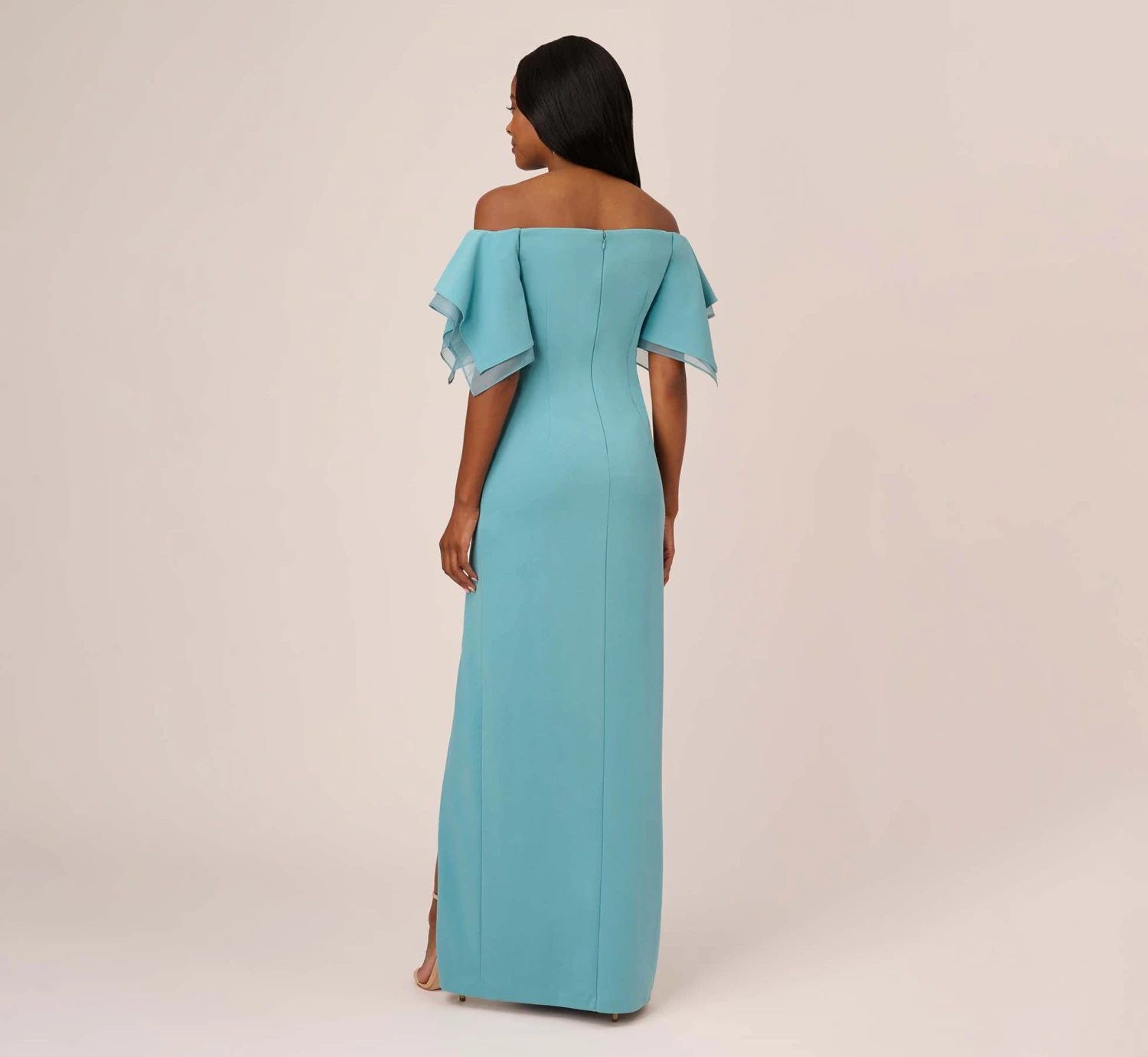 Adrianna Papell Knit Crepe And Organza Off The Shoulder Long Column Gown With Tiered Sleeves In Moody Aqua 4 Adrianna Papell Knit Crepe And Organza Off The Shoulder Long Column Gown With Tiered Sleeves In Moody Aqua - Image 4