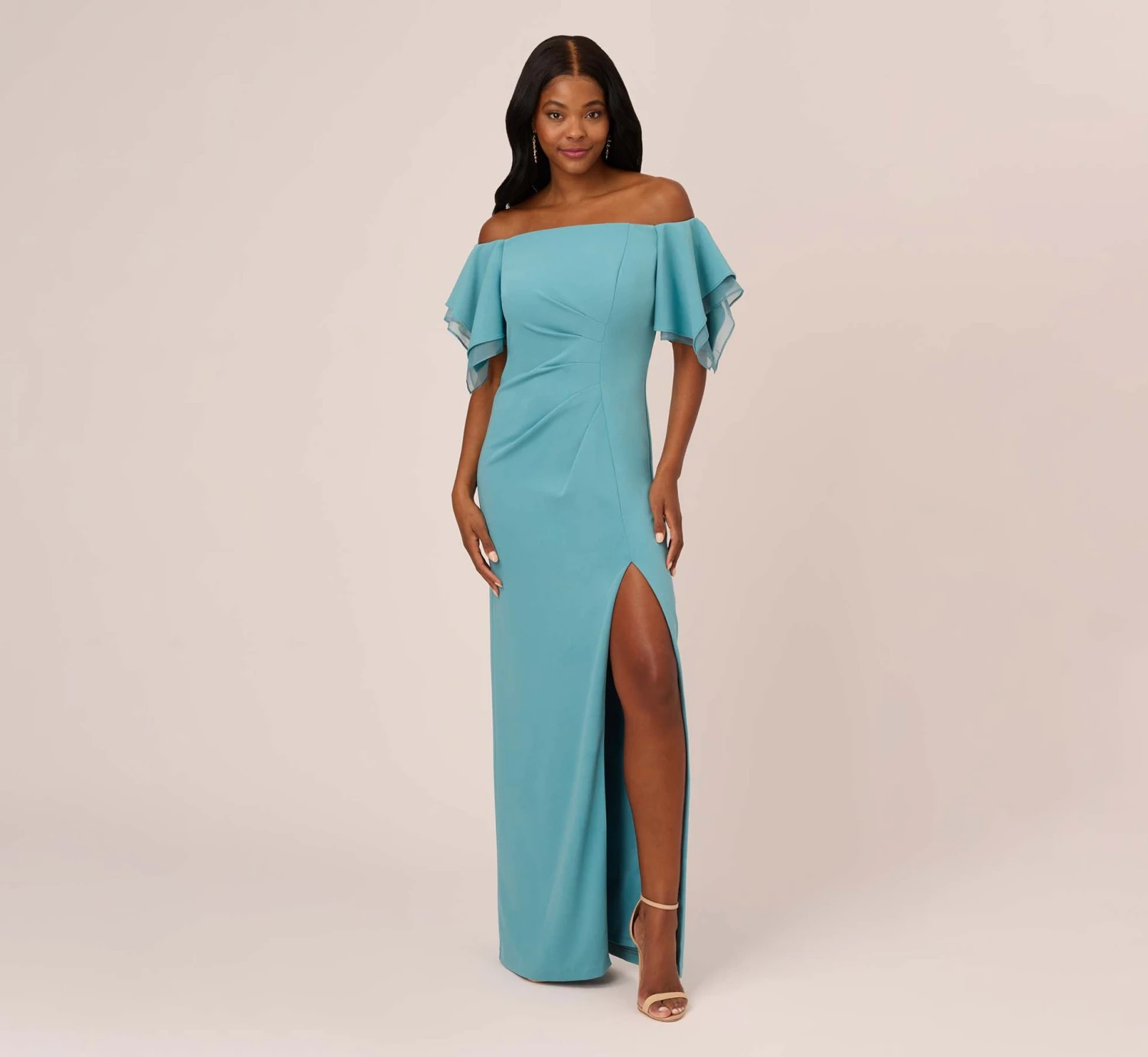 Adrianna Papell Knit Crepe And Organza Off The Shoulder Long Column Gown With Tiered Sleeves In Moody Aqua 1 Adrianna Papell Knit Crepe And Organza Off The Shoulder Long Column Gown With Tiered Sleeves In Moody Aqua
