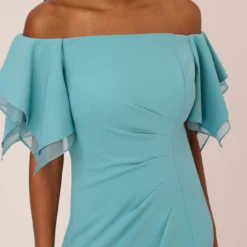 Adrianna Papell Knit Crepe And Organza Off The Shoulder Long Column Gown With Tiered Sleeves In Moody Aqua 9 Adrianna Papell Knit Crepe And Organza Off The Shoulder Long Column Gown With Tiered Sleeves In Moody Aqua -Glam Mirth Sales AP1E210424 AD434 Regular Detail