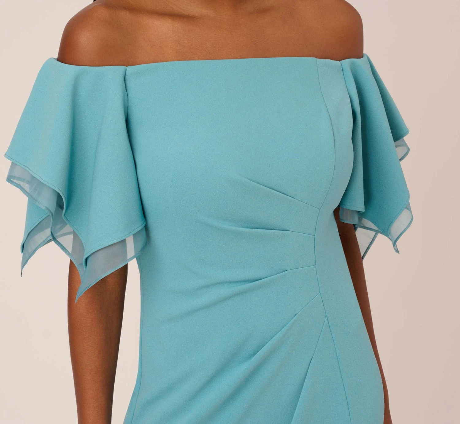 Adrianna Papell Knit Crepe And Organza Off The Shoulder Long Column Gown With Tiered Sleeves In Moody Aqua 3 Adrianna Papell Knit Crepe And Organza Off The Shoulder Long Column Gown With Tiered Sleeves In Moody Aqua - Image 3