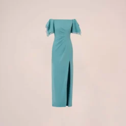 Adrianna Papell Knit Crepe And Organza Off The Shoulder Long Column Gown With Tiered Sleeves In Moody Aqua 13 Adrianna Papell Knit Crepe And Organza Off The Shoulder Long Column Gown With Tiered Sleeves In Moody Aqua -Glam Mirth Sales AP1E210424 AD434 Regular Flat