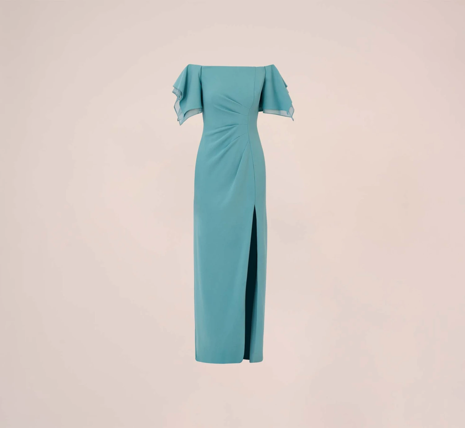 Adrianna Papell Knit Crepe And Organza Off The Shoulder Long Column Gown With Tiered Sleeves In Moody Aqua 7 Adrianna Papell Knit Crepe And Organza Off The Shoulder Long Column Gown With Tiered Sleeves In Moody Aqua - Image 7