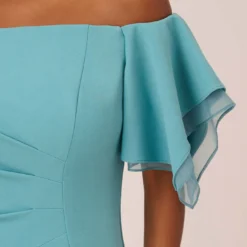 Adrianna Papell Knit Crepe And Organza Off The Shoulder Long Column Gown With Tiered Sleeves In Moody Aqua 11 Adrianna Papell Knit Crepe And Organza Off The Shoulder Long Column Gown With Tiered Sleeves In Moody Aqua -Glam Mirth Sales AP1E210424 AD434 Regular Lifestyle