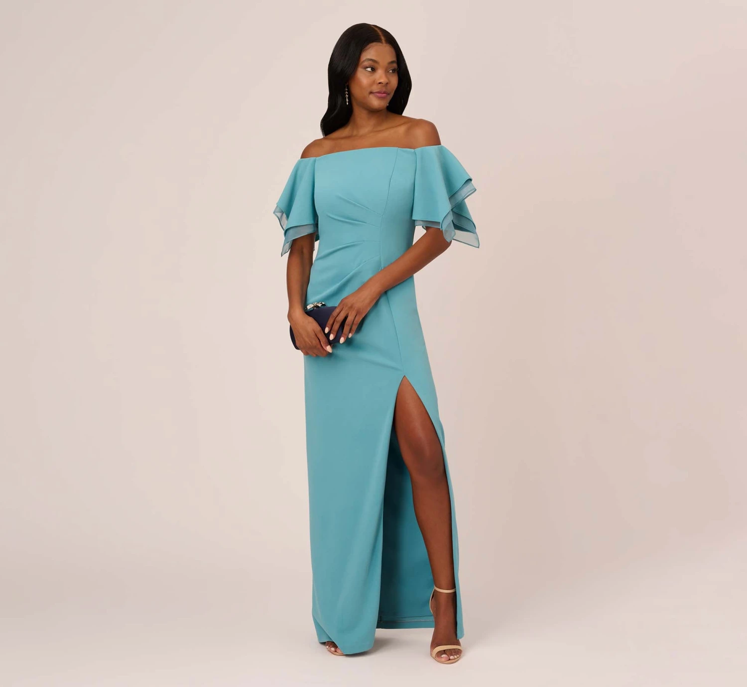 Adrianna Papell Knit Crepe And Organza Off The Shoulder Long Column Gown With Tiered Sleeves In Moody Aqua 2 Adrianna Papell Knit Crepe And Organza Off The Shoulder Long Column Gown With Tiered Sleeves In Moody Aqua - Image 2